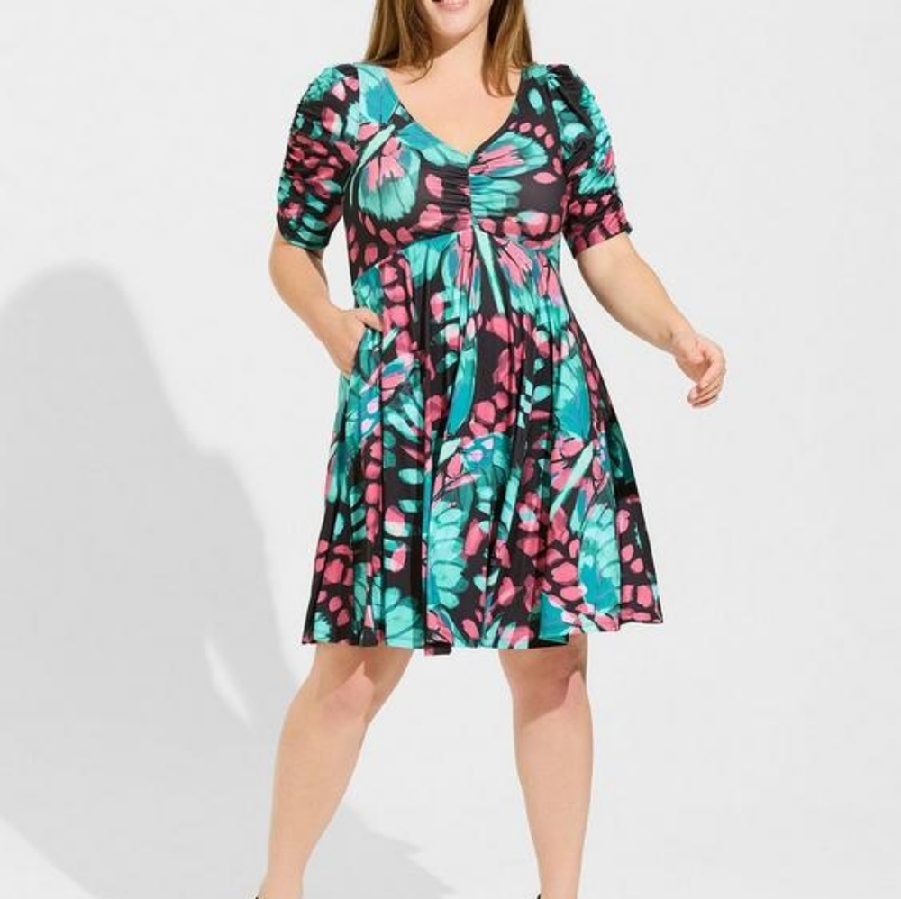 Torrid plus v neck skater dress, 5XL, blue/ black